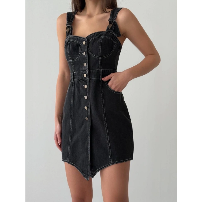 SİYAH ASKILI JEAN ELBİSE