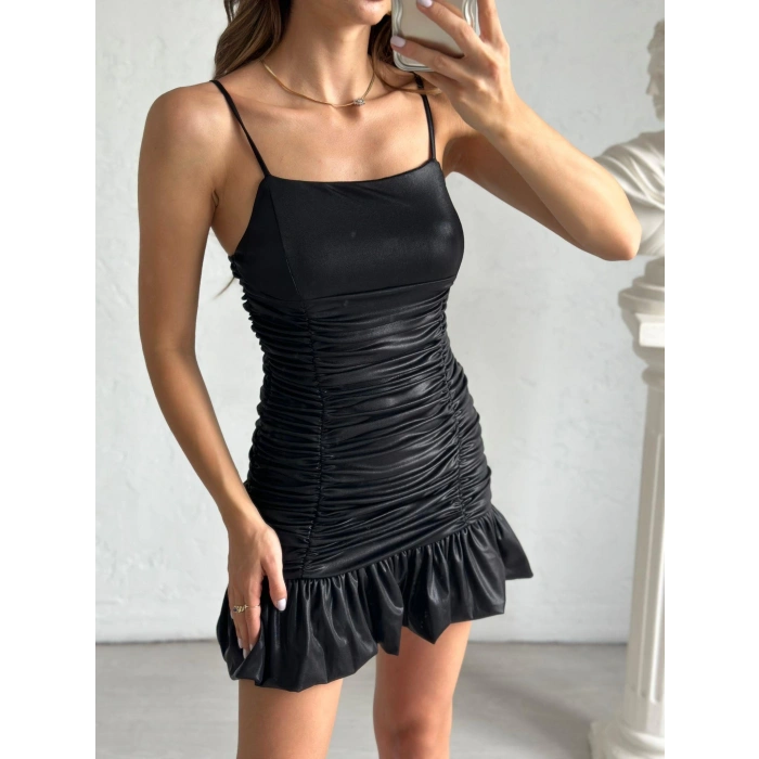 Siyah Askılı Mini Drape Elbise
