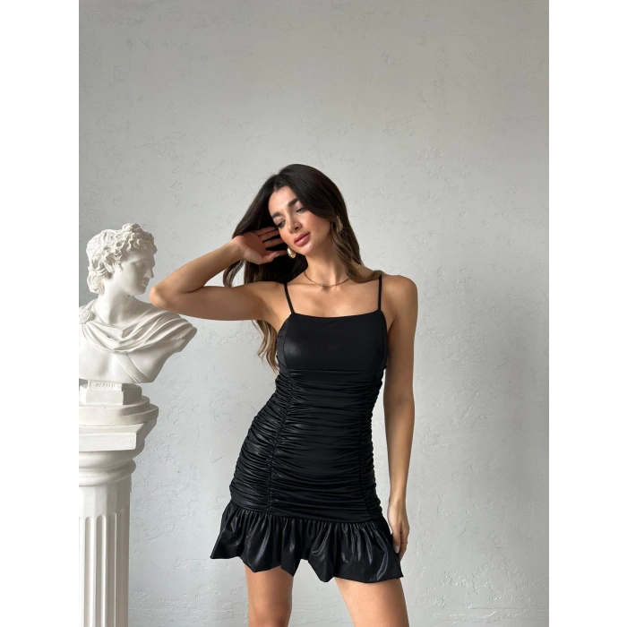 Siyah Askılı Mini Drape Elbise