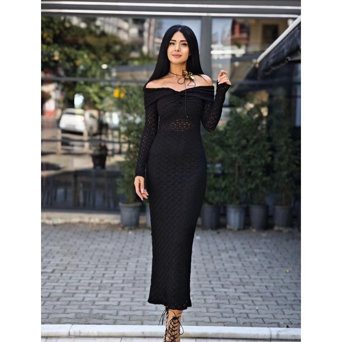 SİYAH BEL DETAY LİKRALI ELBİSE