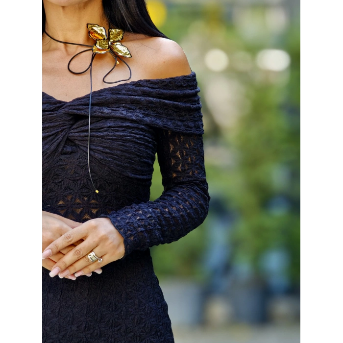 SİYAH BEL DETAY LİKRALI ELBİSE