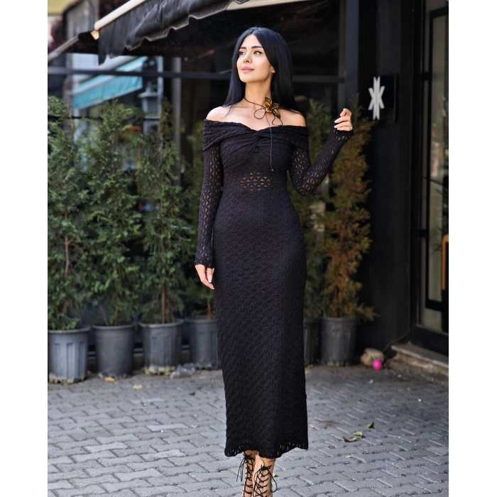 SİYAH BEL DETAY LİKRALI ELBİSE