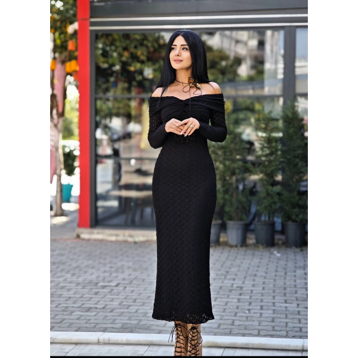 SİYAH BEL DETAY LİKRALI ELBİSE