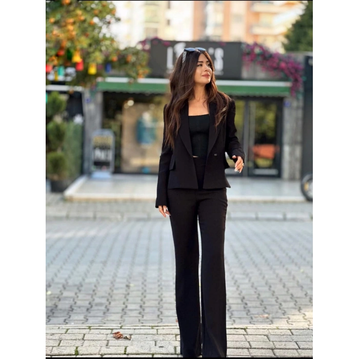 SİYAH BEL KEMER DETAYLI PANTOLON CEKET TAKIM