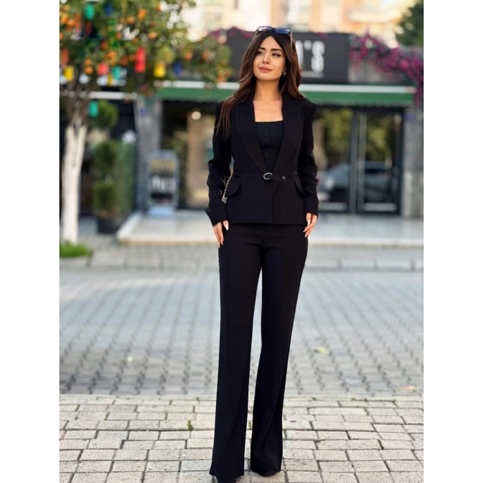 SİYAH BEL KEMER DETAYLI PANTOLON CEKET TAKIM