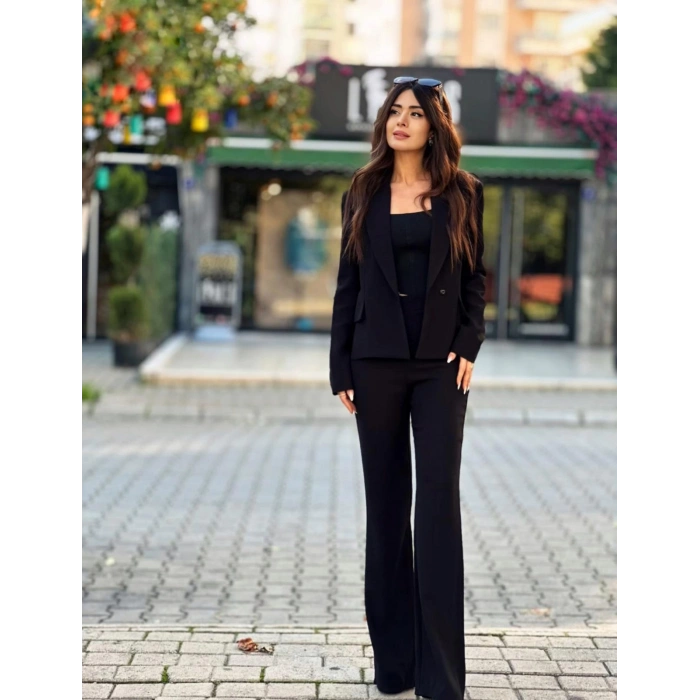 SİYAH BEL KEMER DETAYLI PANTOLON CEKET TAKIM