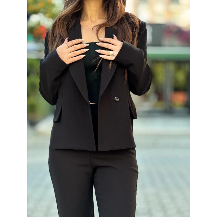SİYAH BEL KEMER DETAYLI PANTOLON CEKET TAKIM