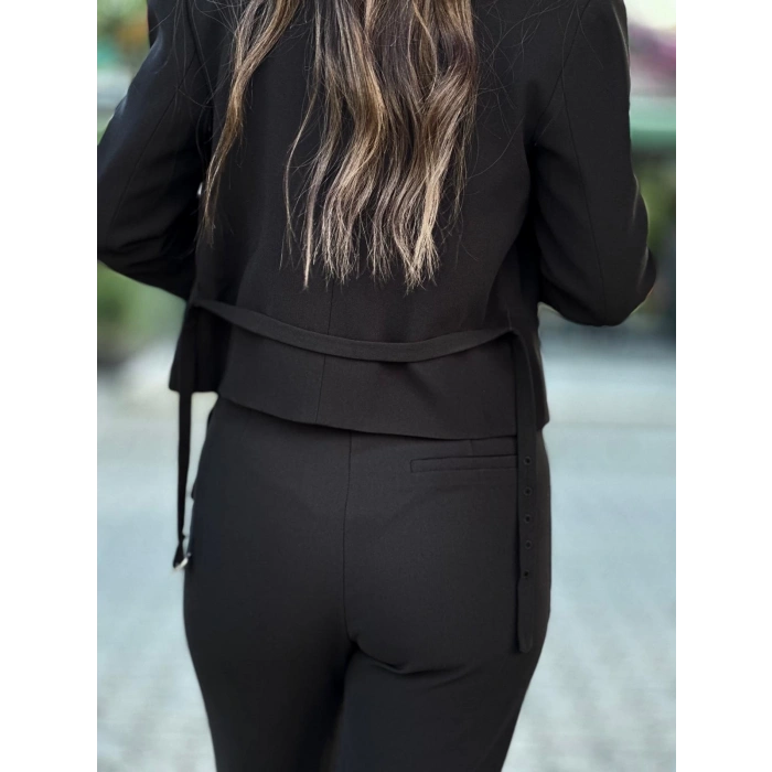 SİYAH BEL KEMER DETAYLI PANTOLON CEKET TAKIM