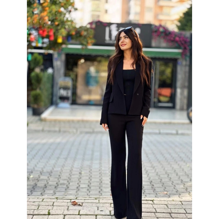SİYAH BEL KEMER DETAYLI PANTOLON CEKET TAKIM