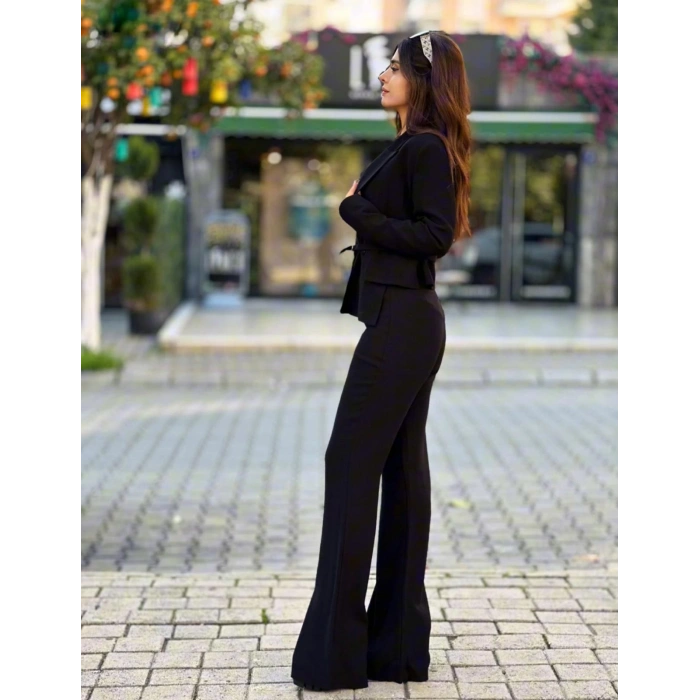 SİYAH BEL KEMER DETAYLI PANTOLON CEKET TAKIM
