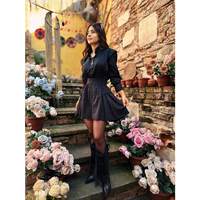 SİYAH BELİ LASTİKLİ ELBİSE