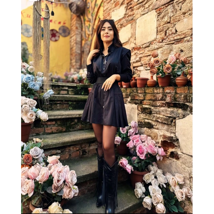 SİYAH BELİ LASTİKLİ ELBİSE