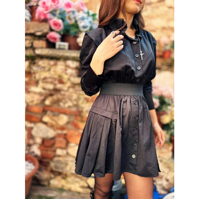 SİYAH BELİ LASTİKLİ ELBİSE