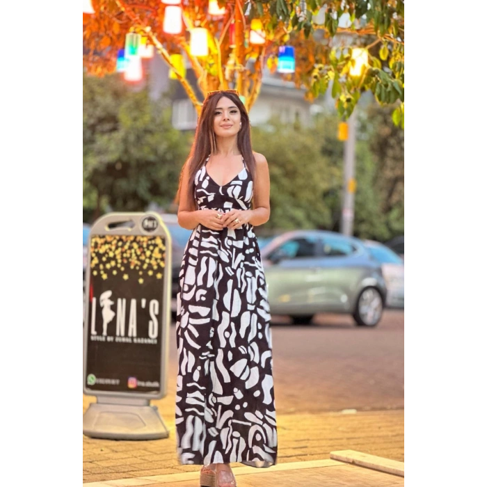 SİYAH BEYAZ DESENLİ UZUN ELBİSE