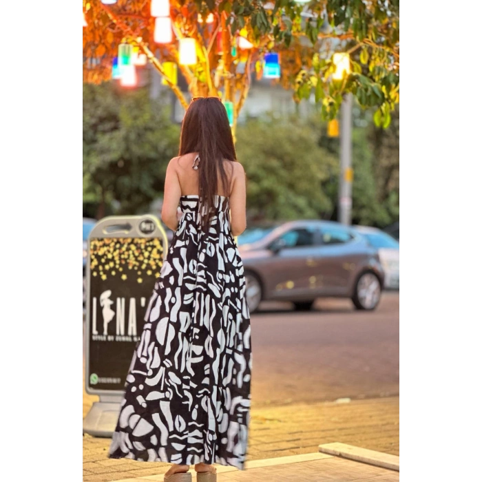 SİYAH BEYAZ DESENLİ UZUN ELBİSE