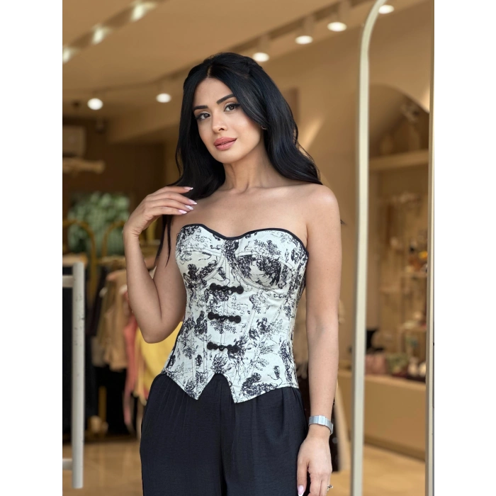SİYAH BEYAZ DESENLİ VİNTAGE STRAPLEZ BÜSTİYER