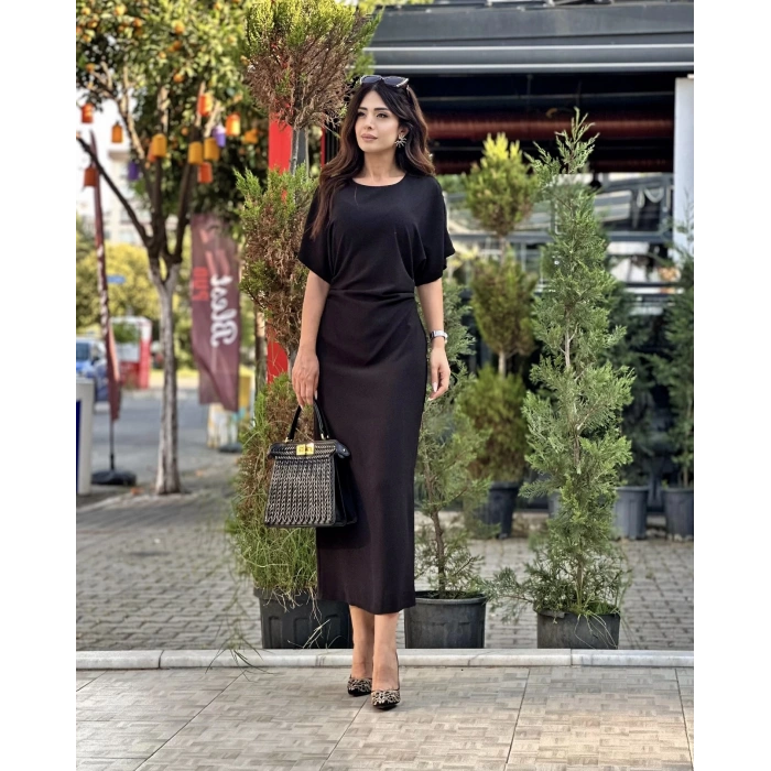 SİYAH BÜZGÜ DETAY UZUN ELBİSE