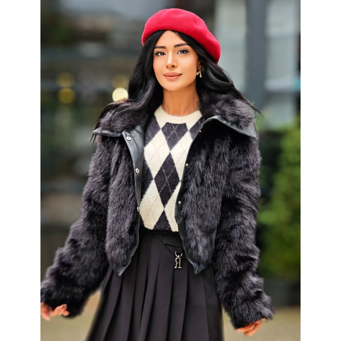 SİYAH DERİ DETAY KÜRK CEKET