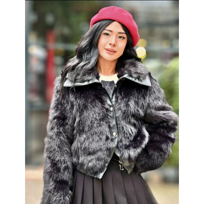 SİYAH DERİ DETAY KÜRK CEKET