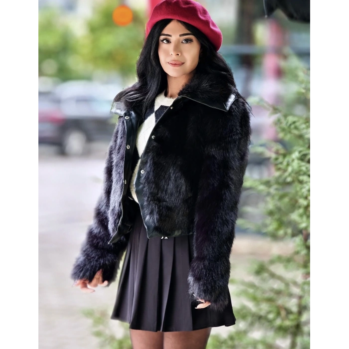 SİYAH DERİ DETAY KÜRK CEKET