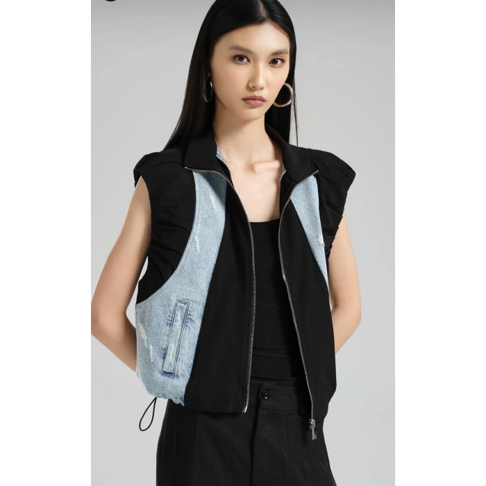 SİYAH DETAYLI JEAN YELEK