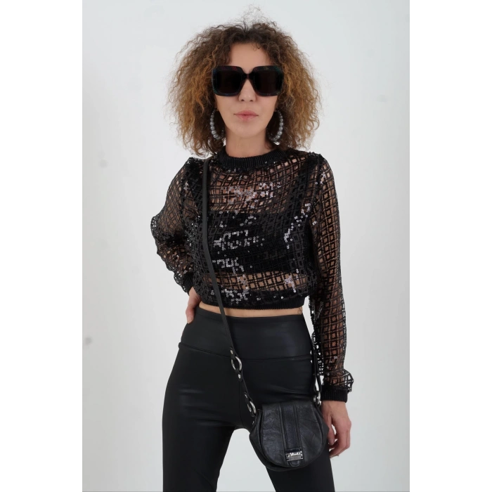 Siyah File Crop Bluz