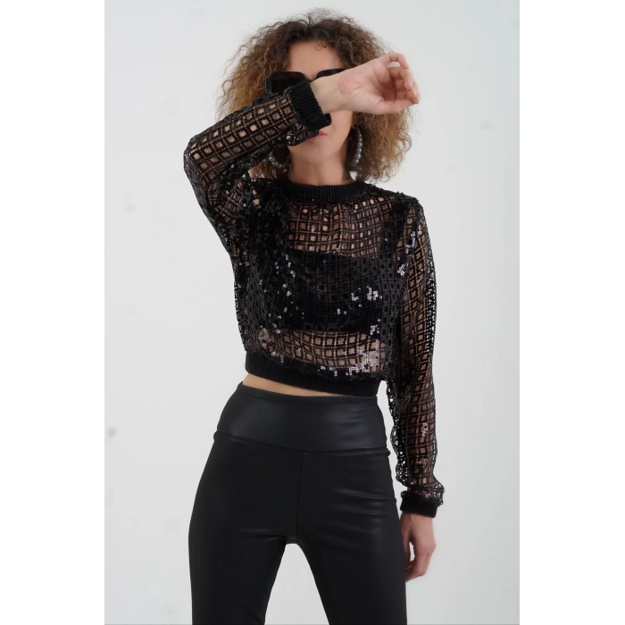 Siyah File Crop Bluz