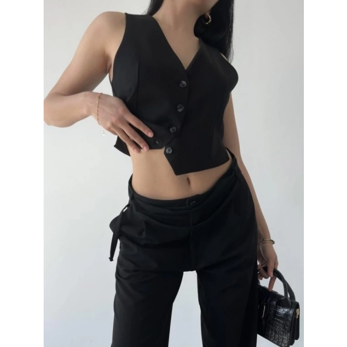 SİYAH  GÜL BROŞ KUMAŞ YELEK