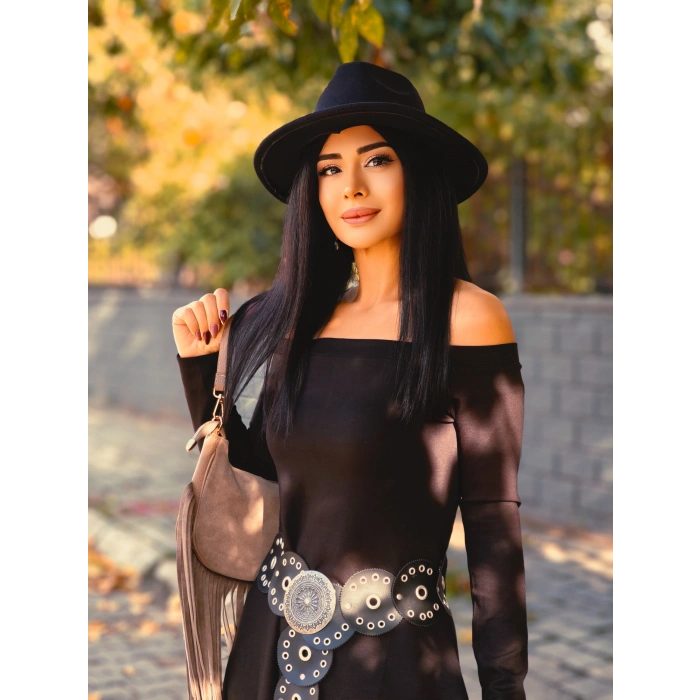 SİYAH KAYIK YAKA UZUN ELBİSE