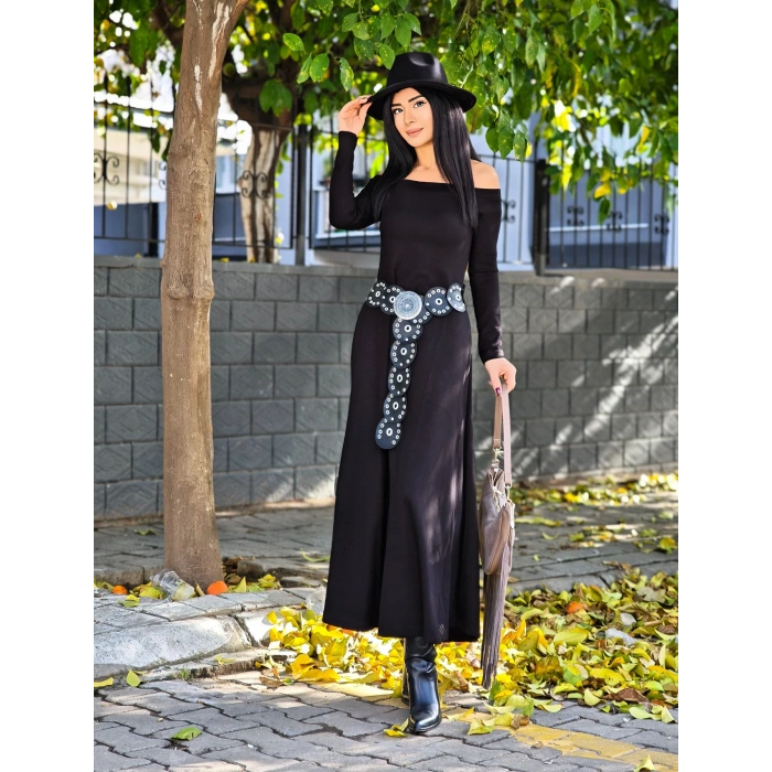 SİYAH KAYIK YAKA UZUN ELBİSE