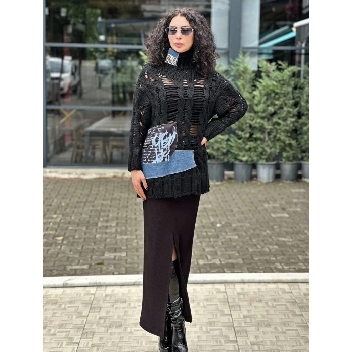 SİYAH KOT VE TAŞ DETAY TRİKO