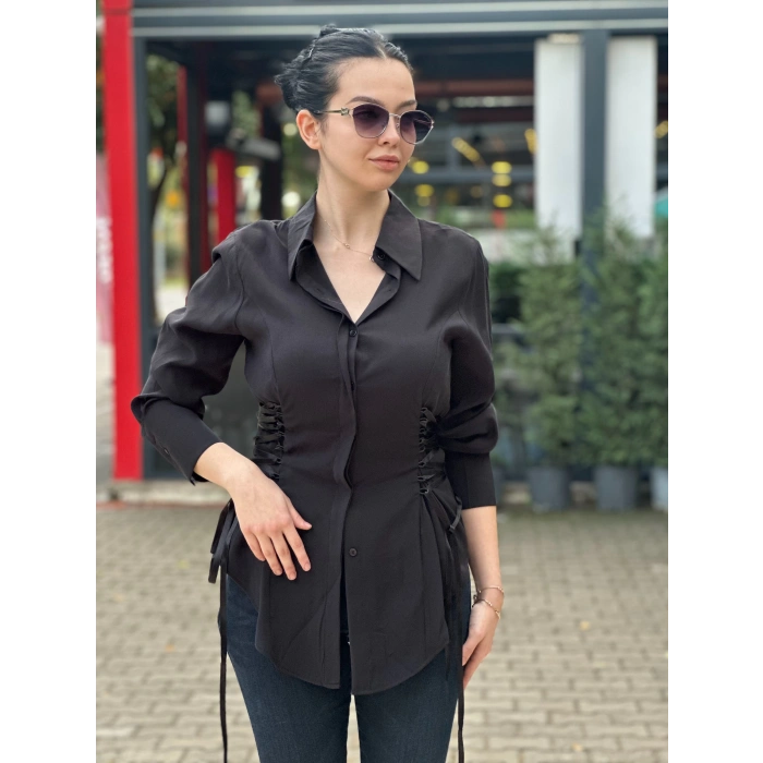 SİYAH KUŞGÖZÜ BAĞLAMA DETAY GÖMLEK