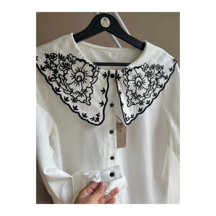 SİYAH NAKIŞ DETAY BÜYÜK YAKA GÖMLEK