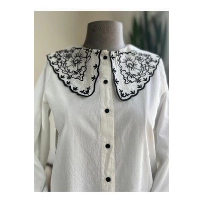 SİYAH NAKIŞ DETAY BÜYÜK YAKA GÖMLEK