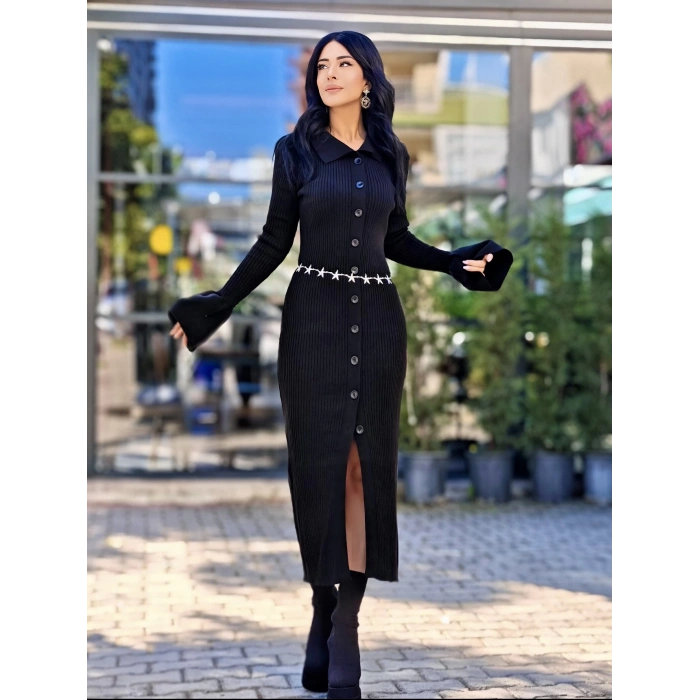 SİYAH POLO YAKA TRİKO ELBİSE