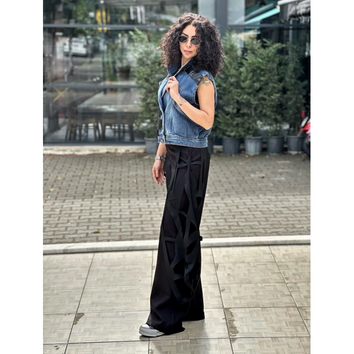 SİYAH ŞEKİL DETAYLI JEAN YELEK