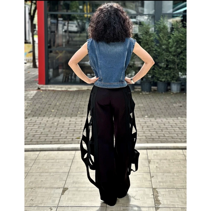 SİYAH ŞEKİL DETAYLI JEAN YELEK