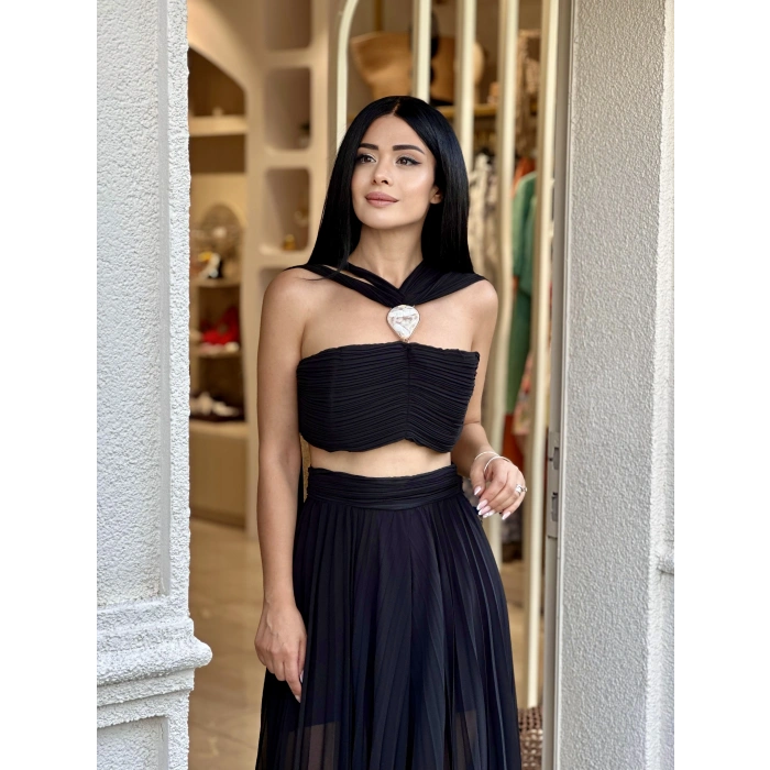 SİYAH ŞİFON PİLİSELİ PANTOLON CROP TAKIM