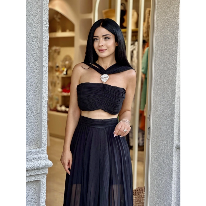SİYAH ŞİFON PİLİSELİ PANTOLON CROP TAKIM