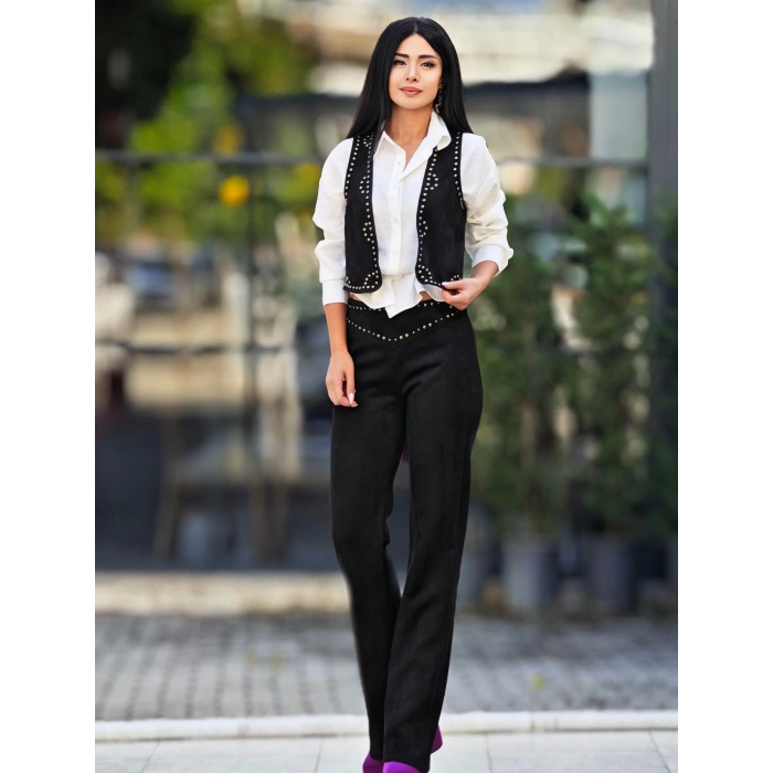 SİYAH SÜET ÇAKIMLI YELEK