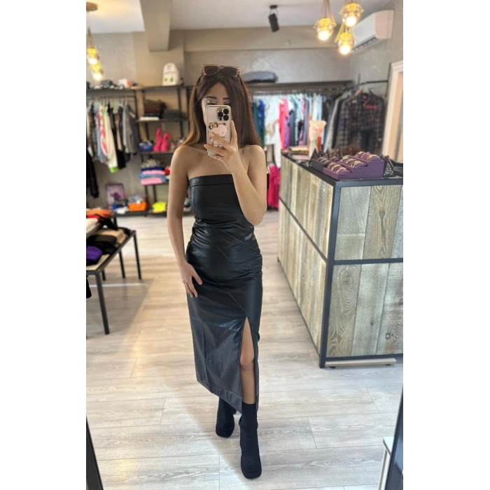 STRAPLEZ DERİ ELBİSE