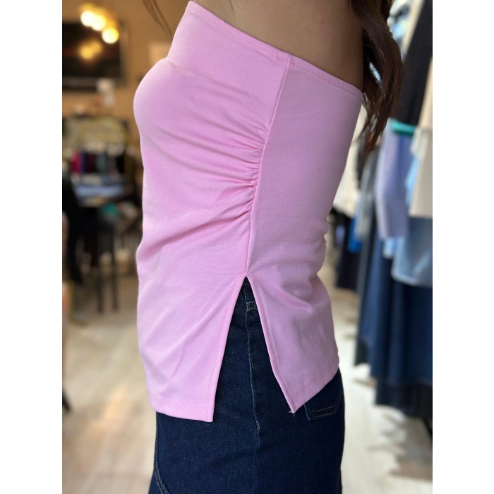 STRAPLEZ YANLARI YIRTMAÇLI BLUZ