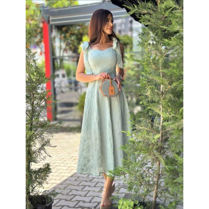 SU YEŞİLİ FİSTO MİDİ ELBİSE