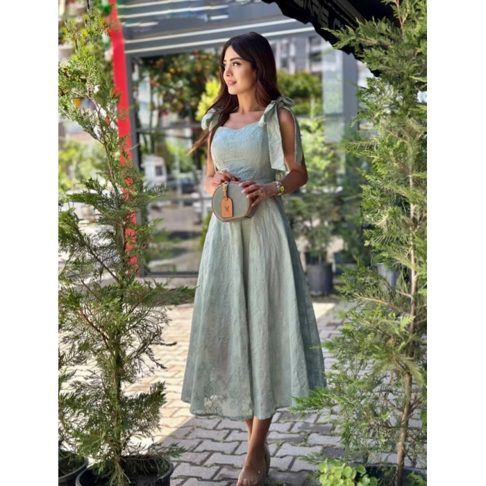 SU YEŞİLİ FİSTO MİDİ ELBİSE