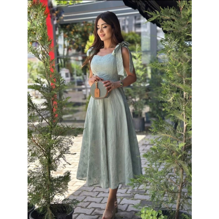 SU YEŞİLİ FİSTO MİDİ ELBİSE