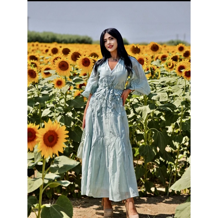 SU YEŞİLİ İŞLEME DETAY İTHAL ELBİSE