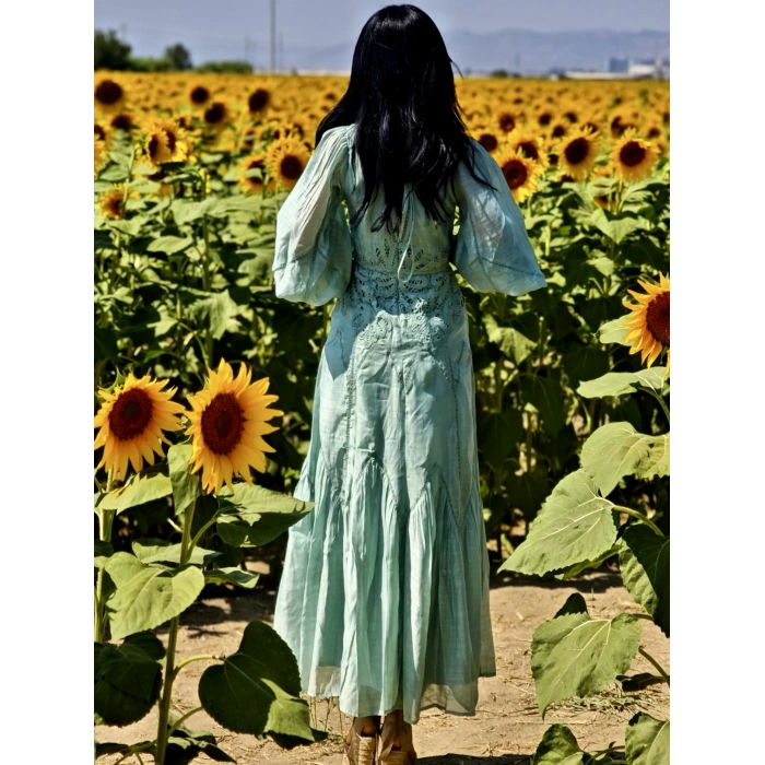 SU YEŞİLİ İŞLEME DETAY İTHAL ELBİSE