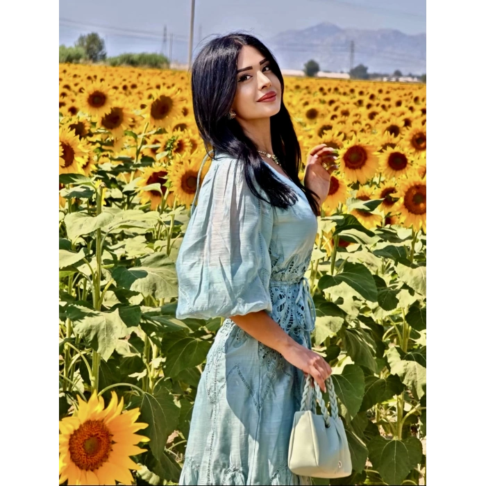 SU YEŞİLİ İŞLEME DETAY İTHAL ELBİSE