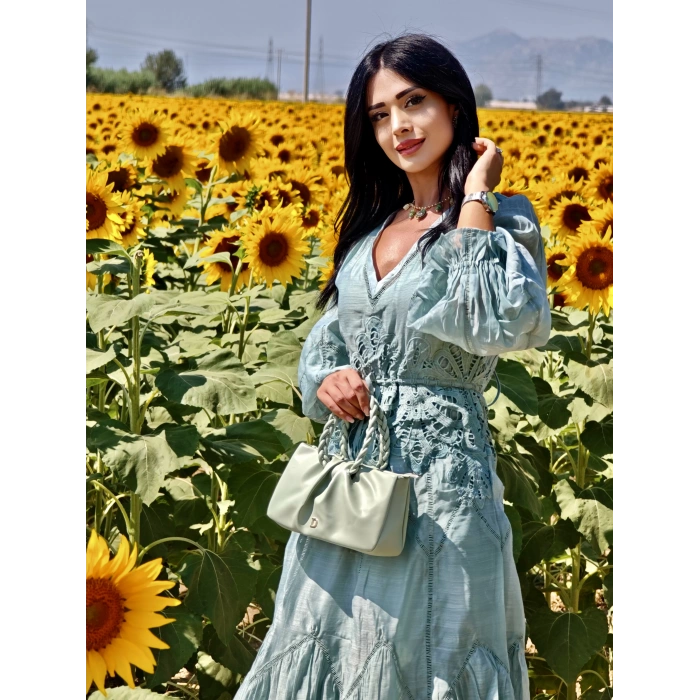 SU YEŞİLİ İŞLEME DETAY İTHAL ELBİSE