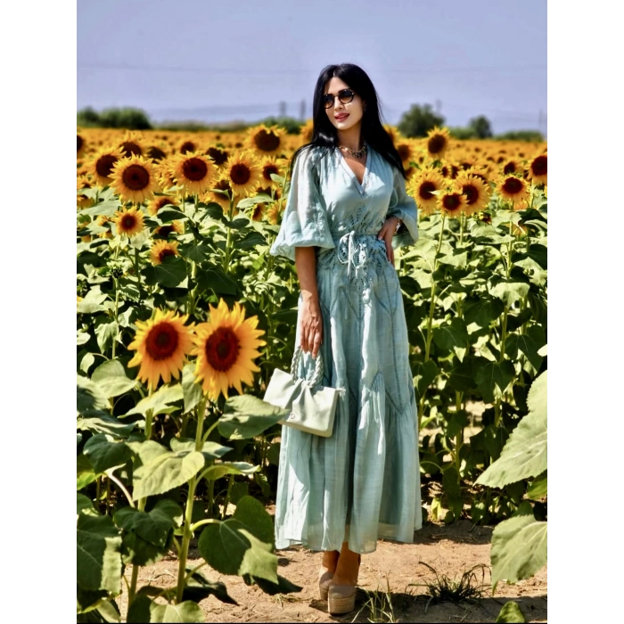 SU YEŞİLİ İŞLEME DETAY İTHAL ELBİSE